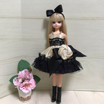 リカちゃんミニドレス大きなリボン　シャンパンゴールド×黒