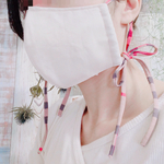 ★再再販★＊ベージュナチュラル立体マスク＊ブロックチェックTシャツヤーン②＊リボン紐＊調整可能＊オーガニックダブルガーゼ＊耳が痛くなりにくい＊