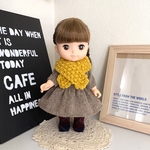 ブラウンツイードのワンピース&マスタードイエローのマフラー&靴下の冬コーデセット ＊メルちゃん ソランちゃんの服＊
