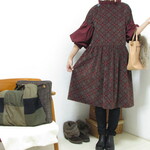 *ini様ご予約品*2255 フリルカラーのギャザーワンピース　コットン　エンジ