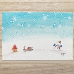 ☃️透明水彩画「雪遊びが大好きなダックスフント　その2」イラストポストカード2枚セット クリスマスカード　クリスマス　犬　寒中お見舞い 年賀状☃️