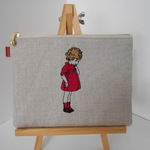 リネンの 可愛いフランスの女の子刺繍の帆布のポーチレッドフラット １６㎝１８㎝２０㎝