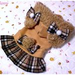 Berry S29☆　クマ耳ボア 茶系フリース&ベージュチェックワンピ