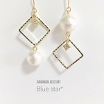 コットンパール×スクエアフープのアシンメトリーピアス