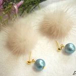 珍しい！美しき✿花あさぎ色コットンパールとふわふわラビットミンクファーピアス♪