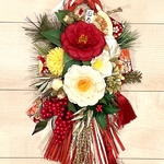 No.wreath-15128/★ 迎春お正月しめ飾り/ しめ縄リース19-(13)　カメリア&ダリア　40x25cm・アートフラワー/造花リース