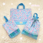 【ラスト1】うさぎちゃん×チェック☆ゆめかわ♪ブルー☆フリル レッスンバッグ 3点セット☆入園グッズ・入学グッズ 女の子 お着替え袋 上履き入れ オーダー