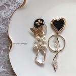 アンティーク 黒ハート ピアス/イヤリング 結婚式 ボタン 蝶々