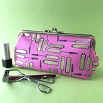 20cm口金 化粧ポーチ ペンケース  キラキララメの可愛いマスカラ柄（ピンク）柄  プチギフト 大きい がま口ポーチ 