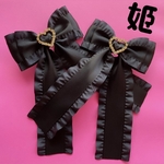 ♥️量産型♥️ 姫♥キラキラハートリボンクリップ♥黒♥ヘアクリップ2個セット♥フリルリボン♥ブラック