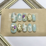 ⭐︎ネイルチップ現品⭐︎ 一点限り⭐︎優しい水色　手描きの和花　ニュアンス　ミラー　成人式ネイル　振袖　ブライダルネイル