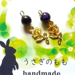 ピアス　パープルタイガーアイと一輪の薔薇チャーム