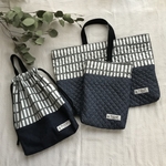 satoi0831さま専用　　三点セット●キルティング大きめレッスンバッグ＆シューズバッグ&体操着袋  白灰ブロック×リアルデニム