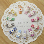 ベビーヘアクリップ　チェックリボン×お花ラインストーン付き 【C-3】