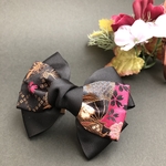 京都 西陣織 扇面桜ピンクのトリプルリボンクリップ ～BLACK〜