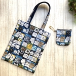  «SALE»«送料無料»レッスンバック＆クリアポーチ付　ネコちゃん顔一杯☆【5155-ネイビー】