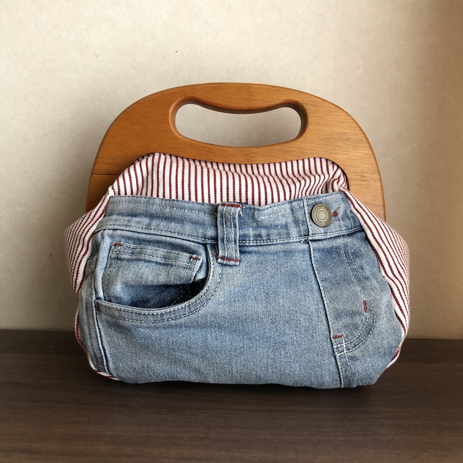 ＊あおり型がま口バッグ＊デニムポケットが可愛いあおり型がま口トート　リメイク あおり型がま口バッグ＊デニムポケットが可愛いあおり型がま口