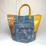 レザーとデニムとアーミーダックのパッチバケツ型トートバッグ マスタード系