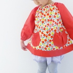 花柄×ドットの長袖スモック（100-110size)＊入園準備に♪  【赤】
