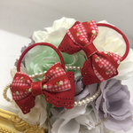 真っ赤な苺とギンガムチェック柄×レース風リボン♡ダブルリボンのヘアゴム2個set
