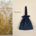 Nanala＊【ミモザ巾着バッグ】デニム×ミモザ柄トートバッグ　エコバッグにも◎ミモザ