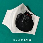 鉛筆タッチの黒猫マスク：ホワイト⑤★Mサイズ（大人用普通サイズ）