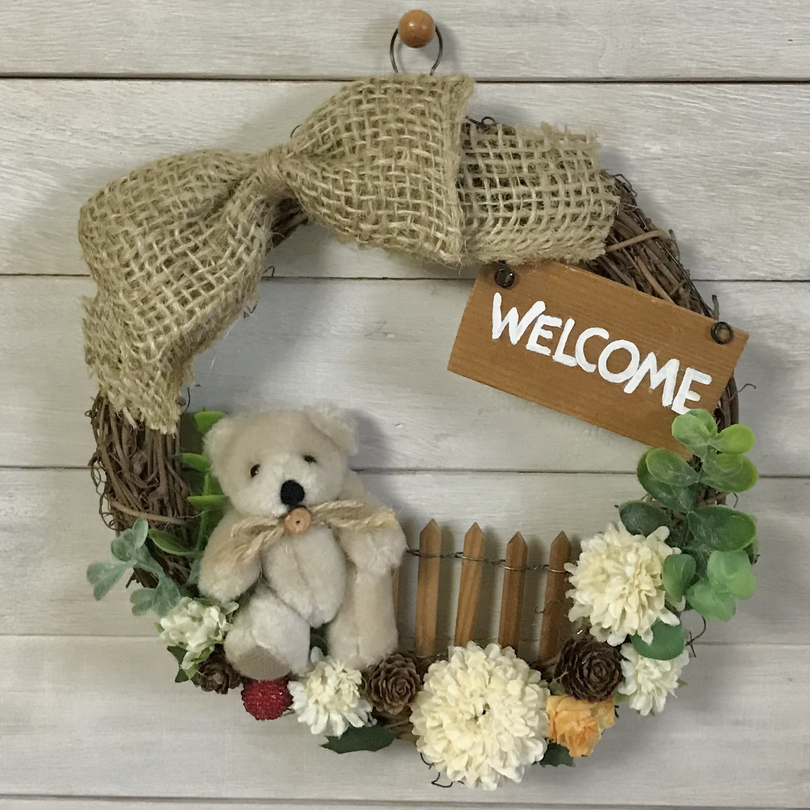 【完売】  welcomeリース(真ん中くまさん) - 手作り雑貨 any工房 | minne フラワー・リース