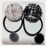 ツイード、ファーボール付き くるみボタンヘアゴム ⑥