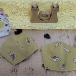 子供用【気まま猫（グリーンイエロー）】ドーム型手作りマスク☆肌側抗菌特殊生地☆