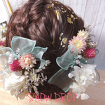 №176♡ドライフラワー＆プリザーブドフラワー髪飾り♡成人式♡卒業式♡結婚式♡ウエディング♡白無垢♡振袖♡袴♡金箔ヘア♡紐アレンジ♡モダンヘア♡大正ロマン