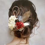 《新作》ドライフラワー ヘッドパーツ 髪飾り ヘアアクセサリー 卒業式 和装 ブライダル ゴールド 白 水引き チュール 赤 白