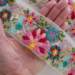 25%off‼️【1m】チュール刺繍リボン   ポジティブフラワー【ピンク×ブルー】