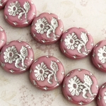 【18㍉ ４個】マーガレット＊rose pink & silver＊チェコビーズ