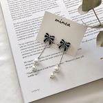 2way𓐍パール付きリボン　ピアス　シルバー925芯　カジュアル  大人可愛い　お呼ばれ　結婚式　二次会　キレイめ　小ぶり　淡色　ニュアンス　ロング　チェーン　華奢　可憐　ブラック　モノトーン　　