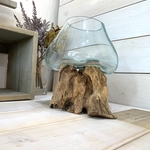 {現品限り}流木にソーダ色ガラスボウルを乗せたインテリアオブジェ