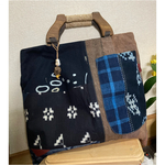 のぼり旗の柿渋　古布色々トートバッグ　山葡萄のアクセ付き　古布リメイク