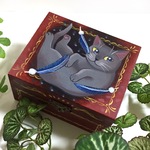 手描き フェザーと猫の木箱 小物入れ 原画 手書き 猫  絵 絵画 イラスト アート