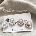 パール3粒ビーズ刺繍ピアス・イヤリング