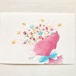 🌸 透明水彩画「幸せの花束」イラストポストカード　バースデーカード ウェディングカード　花　蝶々　ちょうちょ　結婚式　お祝い🌸