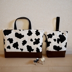 [再販]シッポつき♡ ホルスタインのレッスンバッグ &うわばき入れ(切替:ブラウン、持ち手:黒)