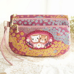 ＊（ピンク）猫ちゃんとお花の３段ファスナーポーチ
