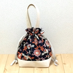 レトロな花柄刺繍　リボン巾着バッグ　巾着トート　トートバッグ　ラッピング対応　バック　とーと　春　ネイビー　生成帆布　　590