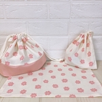 送料無料！受注製作　お弁当袋　コップ袋　ナフキンセット　お花×ピンク