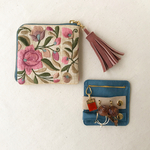 刺繍リボンのジュエリーポーチ　ピンク×スカイブルー