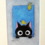 かつきかずお 額装絵画＊黒猫ノアと小鳥