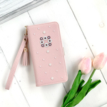 【Xperia/iPhoneケース】春色ピンク/タッセル&ストラップ付き/6月誕生石ﾗｲﾄｱﾒｼﾞｽﾄ