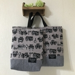 ２点set✴︎🚗くすみブラウンのレトロカー×ヒッコリーデニム【レッスンバッグ✴︎シューズ入れ】✴︎キルト