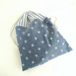 【訳アリ特価】38×30　ダンガリー星×グレーストライプ　名前タグ付き　巾着　着替え入れに！
