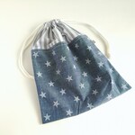 30×25　ダンガリー星×グレーストライプ　名前タグ付き　巾着　着替え入れ・上履き入れにも！