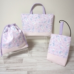 《入園入学》かわいいうさぎ＆リボン 　 レッスンバッグ 上履き袋 体操着袋３点セット パープル×ストライプ